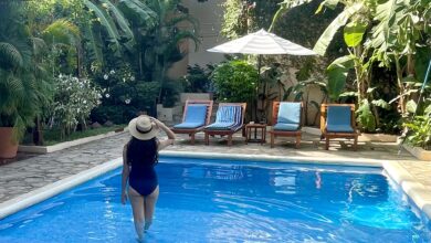 Pool and lush gardens at Hotel Secret Garden in Granada, Nicaragua.